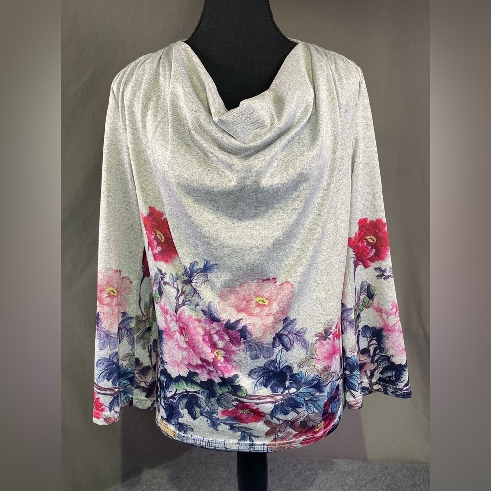 Alison Sheri Top Women’s Large Floral Art To Wear Cowl Neck Cropped